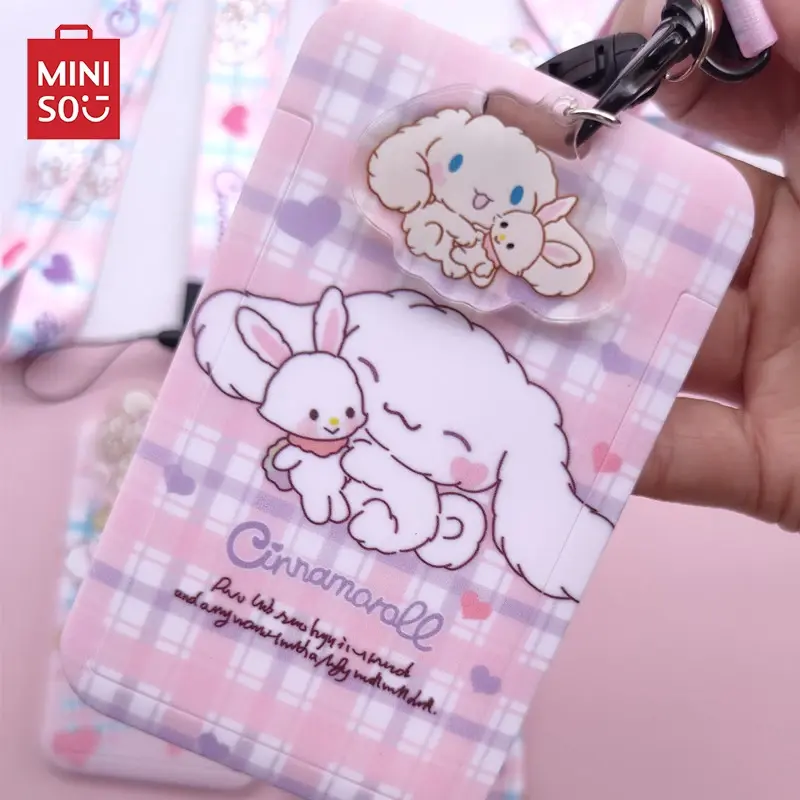 حقيبة غطاء بطاقة MINISO Sanrio Hello Kitty ، شخصية Kawaii ، Kuromi Melody ، شارة تأثيري ، حامل بطاقات هوية بنكية ، حبل عنق بحمالات