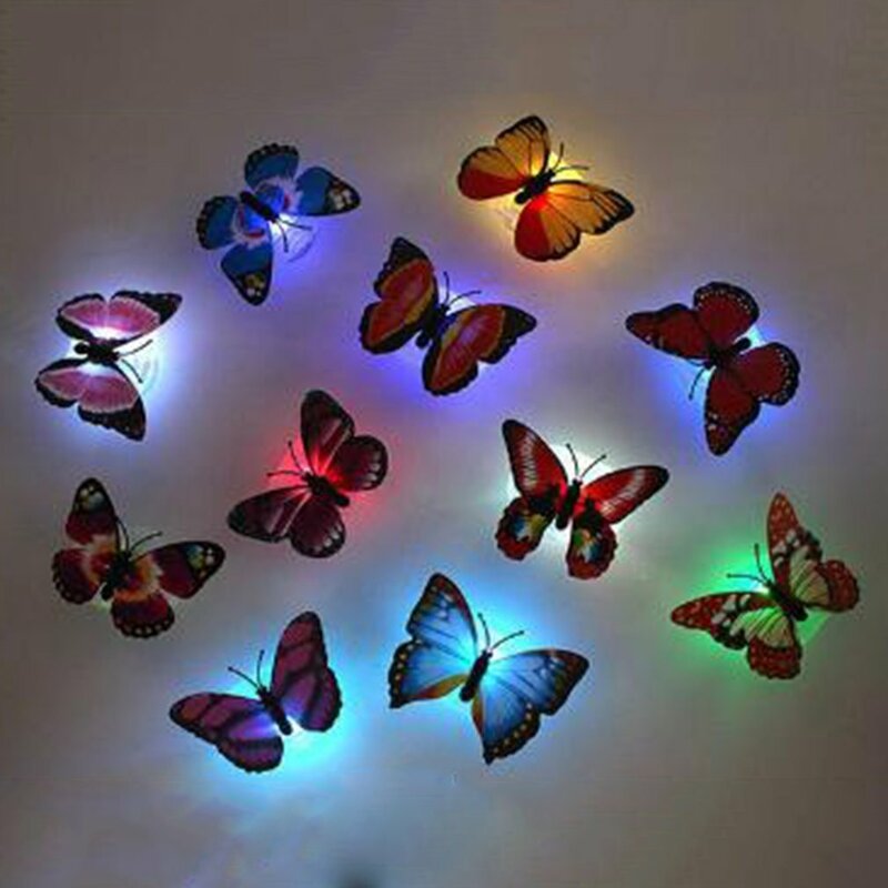 Luz nocturna de mariposa LED colorida 3D, pegatina de pared de fiesta de simulación estéreo, lámpara de luz nocturna LED adhesiva de doble cara