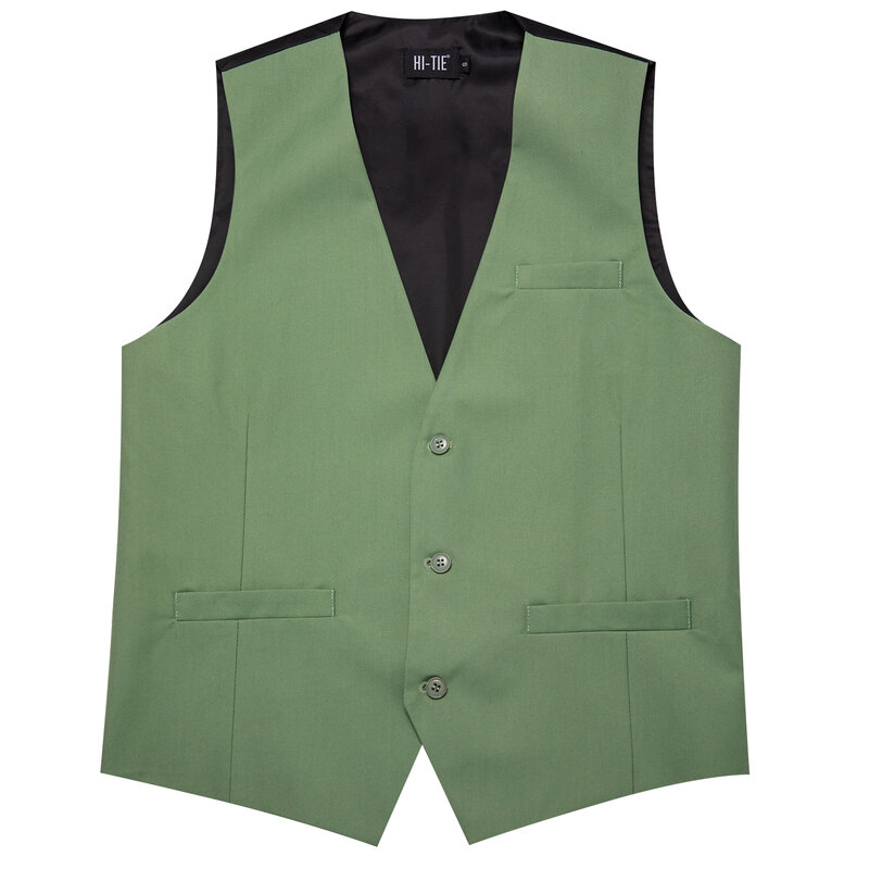 Hi-Tie Silk Men Vest Wedding Green Fashion Slim Waistcoat Necktie Hanky Cufflinks Brooch Set for Male Suit Formal Party Designer