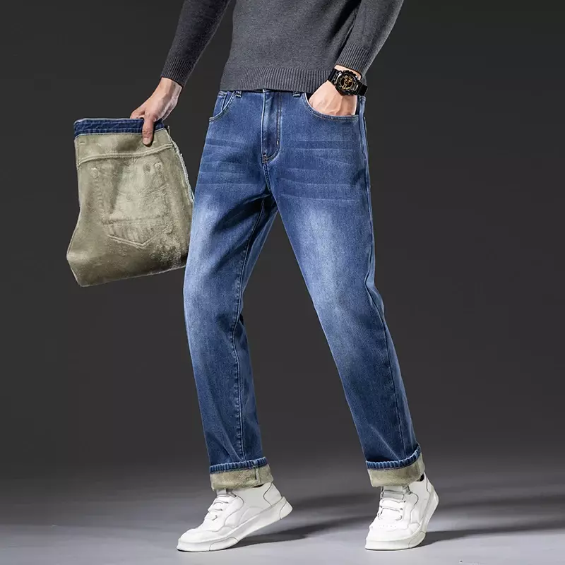 Plus Size 40 42 44 46 Winter Warm Men's Loose Jeans Business Fashion Stretch Fabrics Fleece Thickened Denim Pants Male