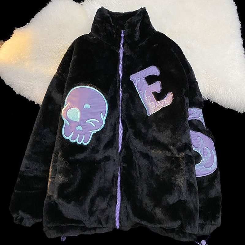 Jaqueta de pele de coelho imitada para mulheres, letras bordadas, zíper, estilo de rua solto, jaquetas casuais Y2K peludas, inverno, novo, 2022