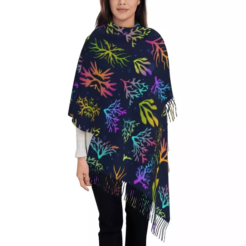Психоделическая Коралловая Женская шаль из пашмины, шарф с бахромой, длинный большой