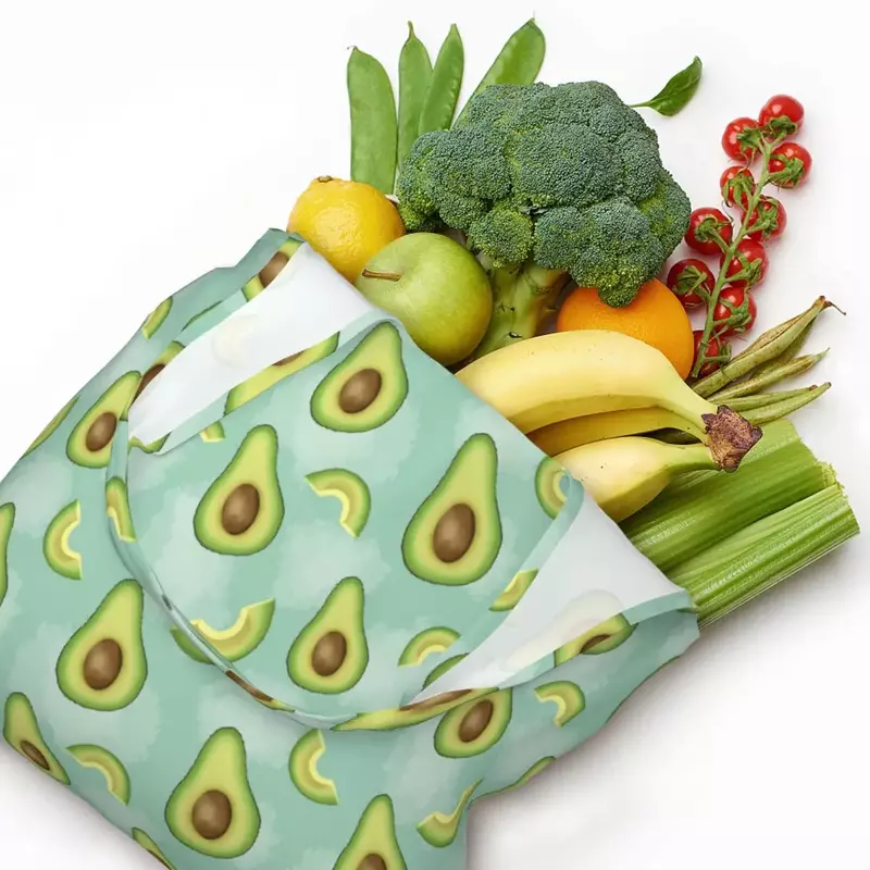 Grande capacidade portátil mercearia sacos de compras, Impresso Canvas Shopper Shoulder Tote Bag, Abacate Padrão, Fruta, Vegan Handbag