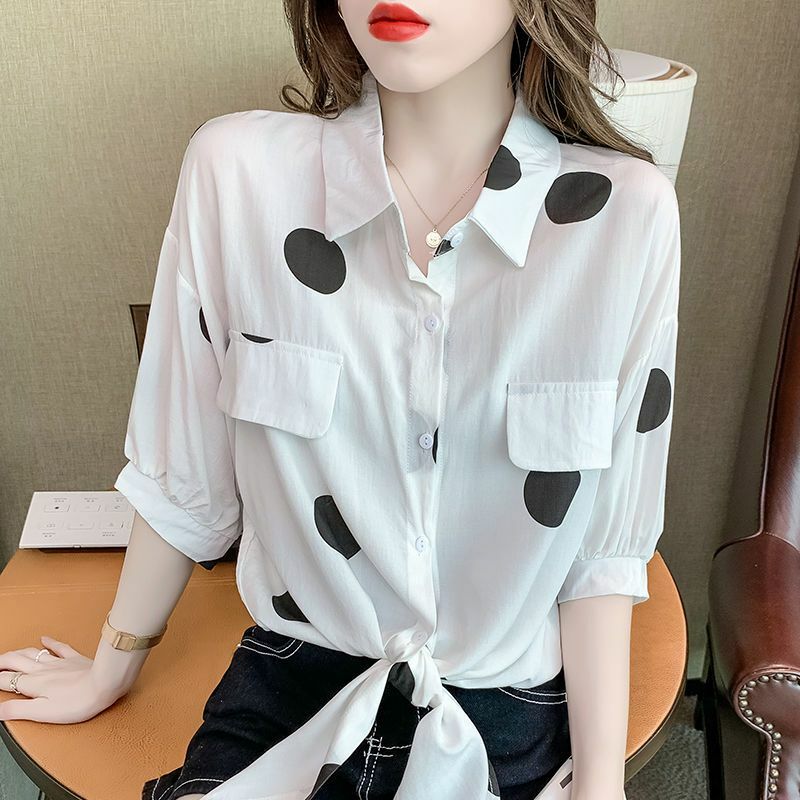 Camisa holgada con solapa para mujer, blusa Coreana de media manga con lazo y lunares, Tops informales de gran tamaño, moda de verano, 2023
