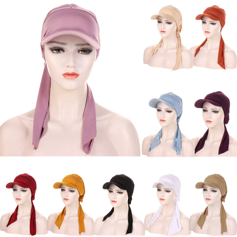 Bandana Frauen Krempe Kappe Sonnenblende mit Pre-Gebunden Turban Kappen Kopf Schal Hijab Reine Farbe Bandage Muslimischen Weibliche mode Outdoor Hut