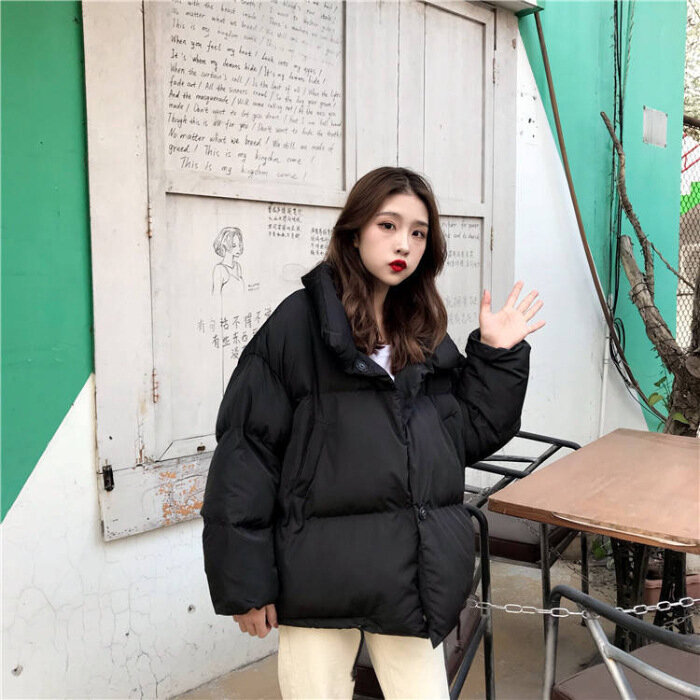 Preto puffer jaqueta feminina casaco 2022 coreano moda gola acolchoado engrossado bf estilo solto inverno roupas femininas