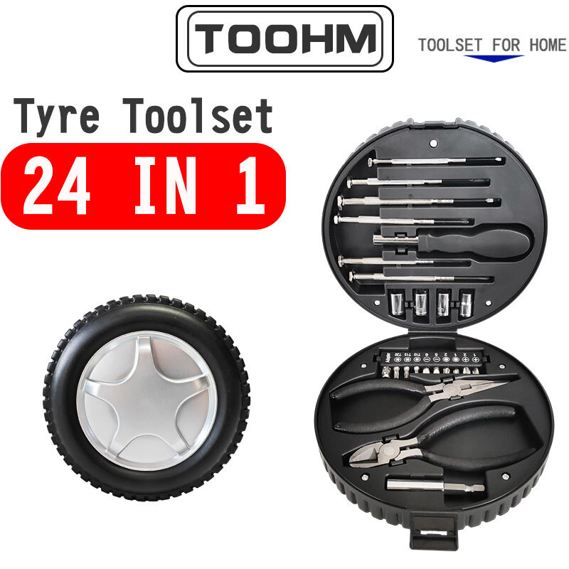 Multi-Funcional Tiro Forma Tool Box, Mão Tool Set, Repair Tool Kit, DIY tipo pneu, 24 em 1, Hot Sale