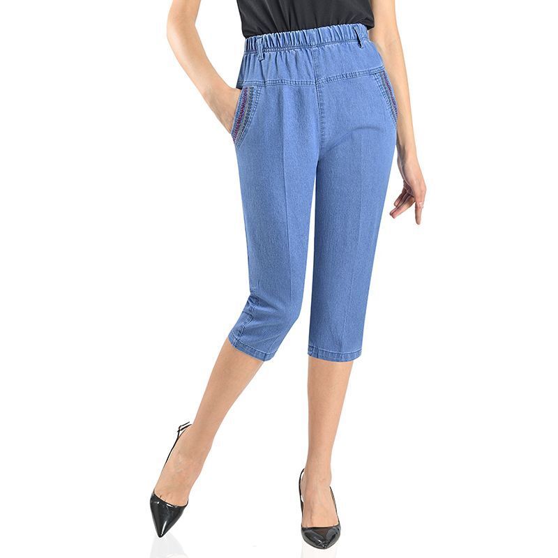 Celana Denim Jeans Ibu Wanita Musim Panas Celana Jeans Wanita Celana Jeans Lurus Antik Bordir Kasual Pinggang Tinggi Longgar