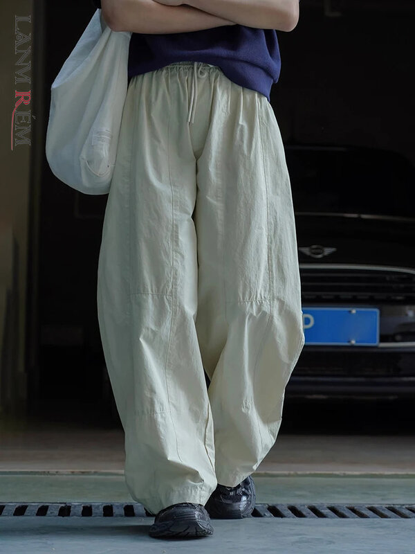[LANMREM] celana longgar desain tali untuk wanita celana panjang kaki lebar Wiast tinggi pakaian gaya Korea 2024 musim panas baru 26D8616