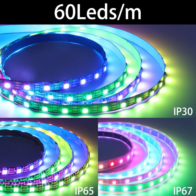 Fita LED RGB Smart Pixel, IC endereçável individualmente, 30, 60, 144 pixels, LEDs, m, IP30, IP65, IP67, DC 5V, WS2812B