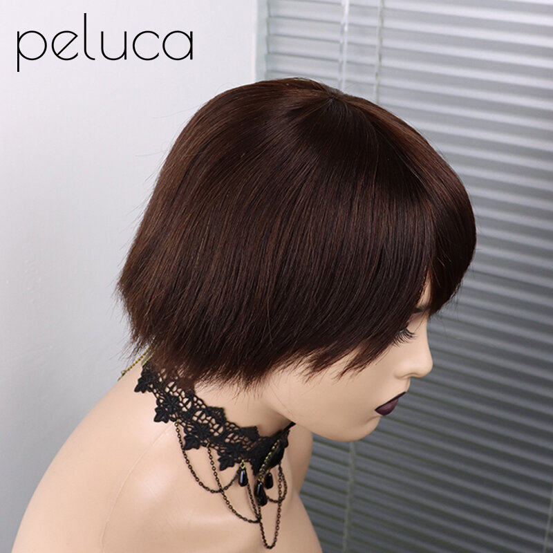 Pelucas de cabello humano brasileño para mujeres negras, pelo corto recto con corte Pixie, hecho a máquina con flequillo, barato, sin pegamento