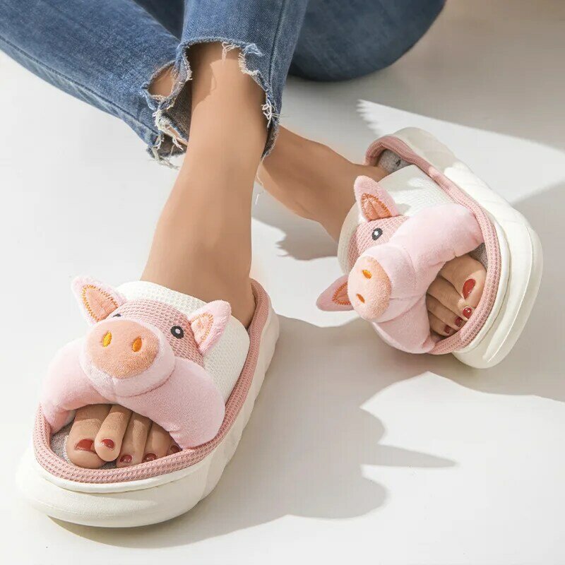 2024 Cute Pig Platform Slippers Thick Sole Summer Shoes Woman Indoor Cotton Linen Slipper Anti-slip Breathable Home Floor Slides