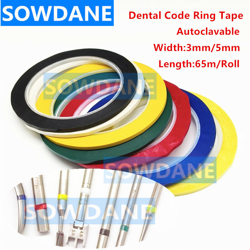 Fita Dental Multi-Color Ring Código, Material Dentista Autoclavável, Instrumentos Odontológicos, 65m Comprimento, 3mm, 5mm Largura, 1 Rolo, 2 Rolos