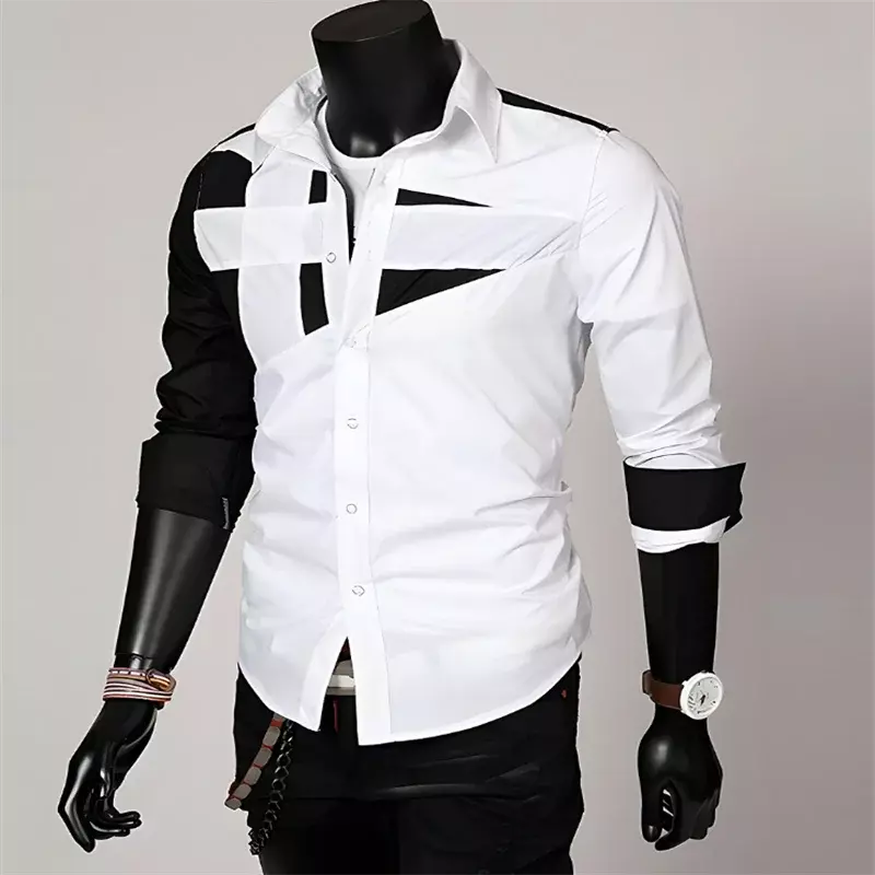 Camiseta formal casual masculina de escritório, tops estilo popular, cores preto e branco de emenda de alta qualidade, luxo elegante