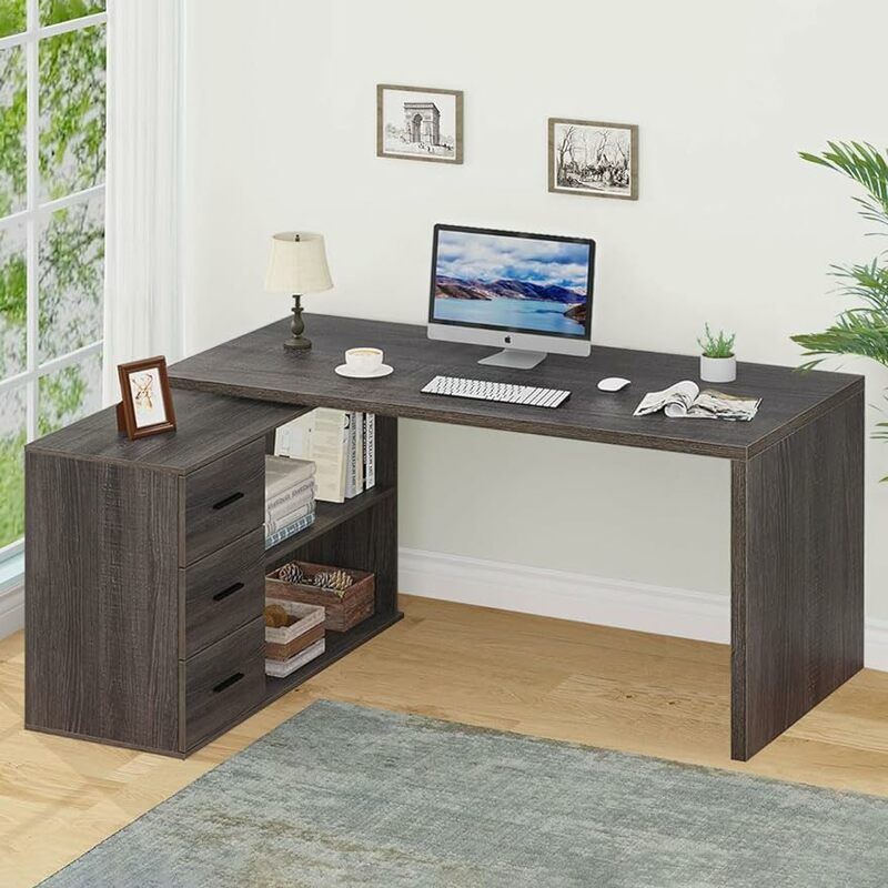 Meja Komputer bentuk HSH L dengan laci, meja bentuk L dengan rak kabinet penyimpanan, sudut besar dapat dibalik rumah Offi