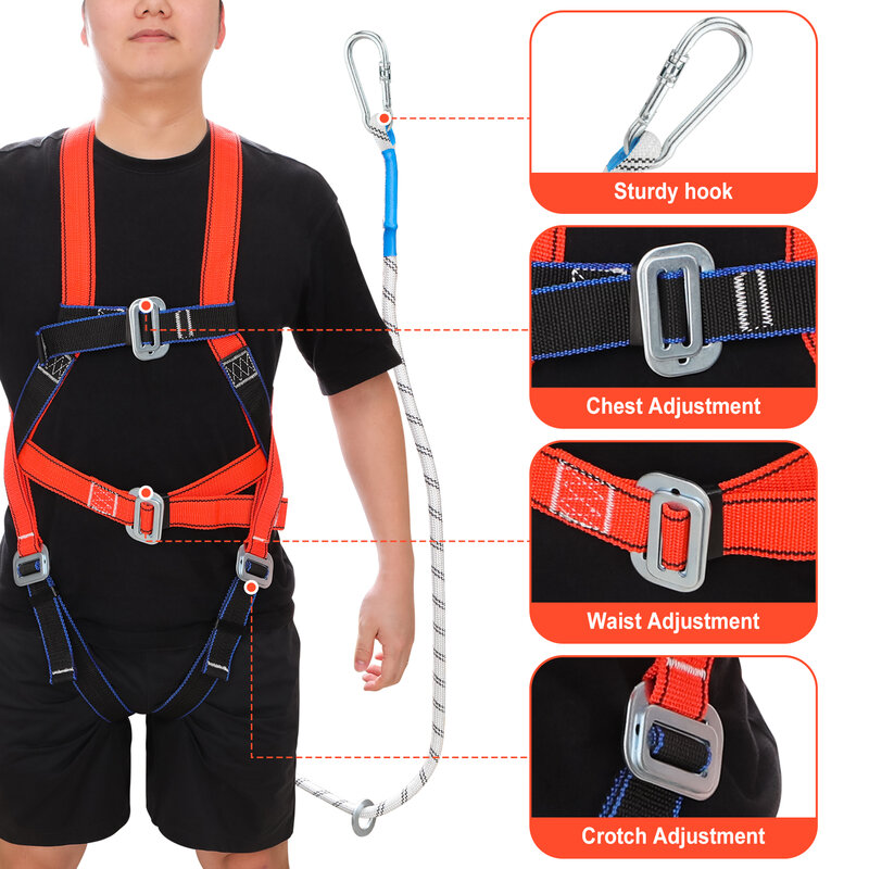 Arnés de seguridad de trabajo de cinco puntos a gran altura con mosquetón, cuerda de cinturón de seguridad Industrial para construcción, entrenamiento de escalada al aire libre