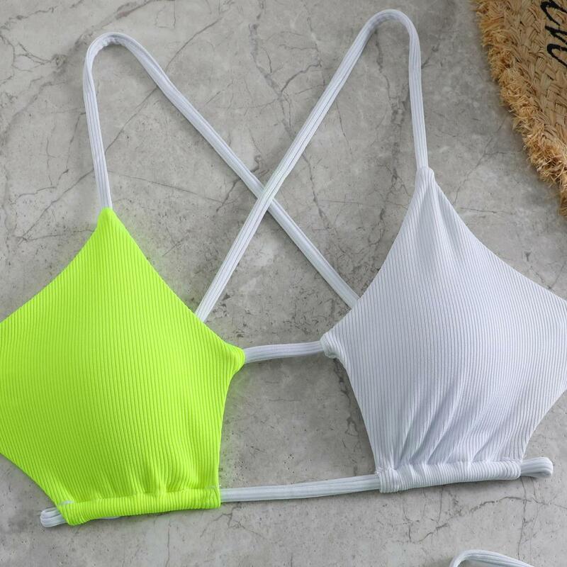 Kontrast farbe Bade bekleidung sexy Schnür-Bikini-Set für Frauen Push-up-Bade bekleidung Sommer Beach wear Kontrast farbe Sling BH schnell