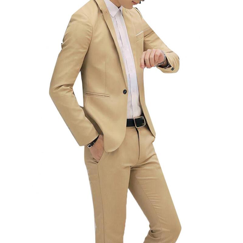 Мужской деловой костюм из 2 предметов, однотонный облегающий блейзер с отложным воротником и длинными рукавами и брюки, Стильный деловой повседневный жакет на весну и осень
