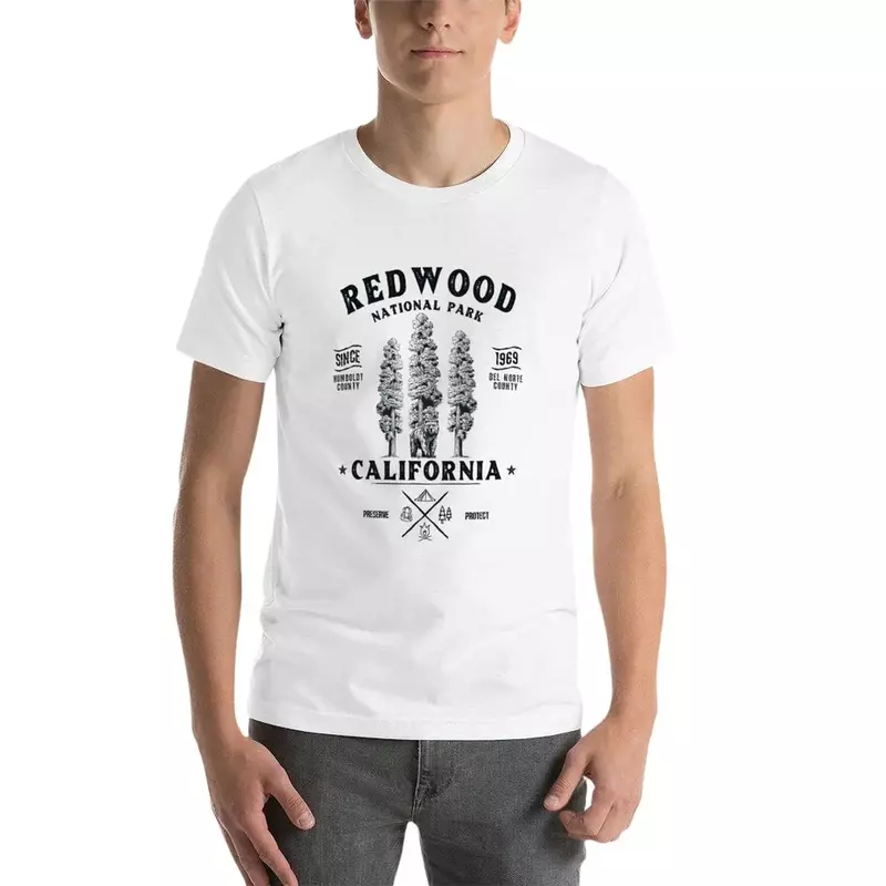 레드우드 내셔널 파크 빈티지 캘리포니아 캠핑 하이킹 연인 자연 티셔츠, 오버사이즈 빈티지 남성 화이트 티셔츠