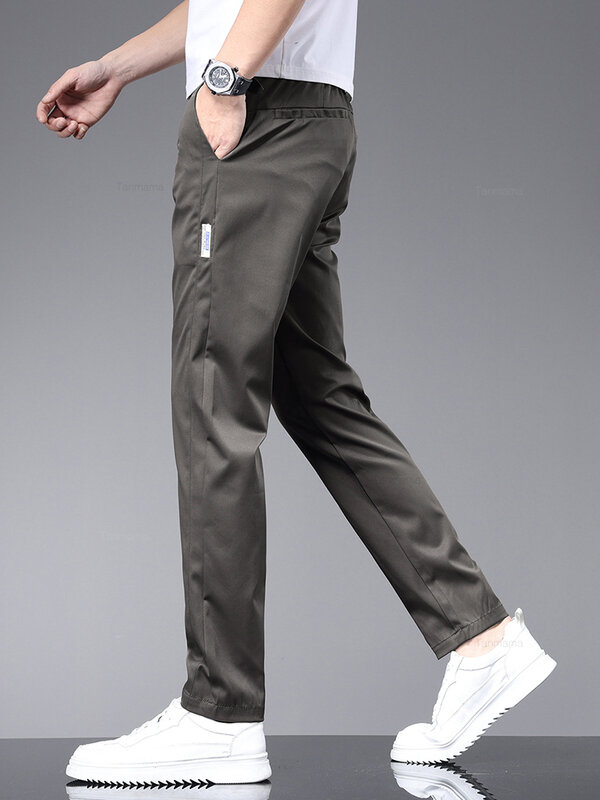 Pantalones informales elásticos ultrafinos para hombre, Pantalones rectos ajustados de cintura elástica, Color negro y Beige, seda de hielo suave, moda de verano