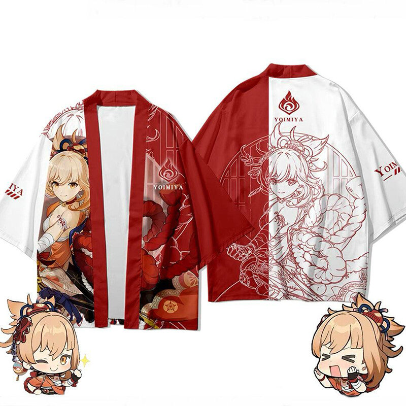 Fashion Print Genshin Impact Yoimiya Mona 3d Kemeja Kimono Anime Kartun Permainan Pria Wanita Tujuh Titik Atasan Lengan Baju Jalan Kasual