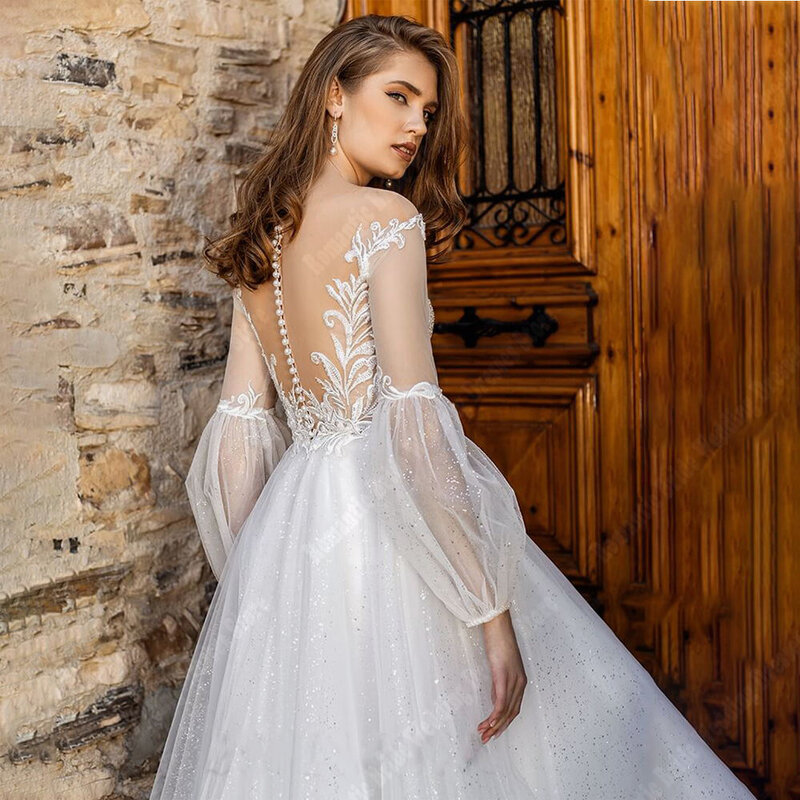 女性のためのロマンチックなチュールの結婚式のドレス,ロングスリーブ,裸の背中の長さ,プリンセス,純粋な白,2024