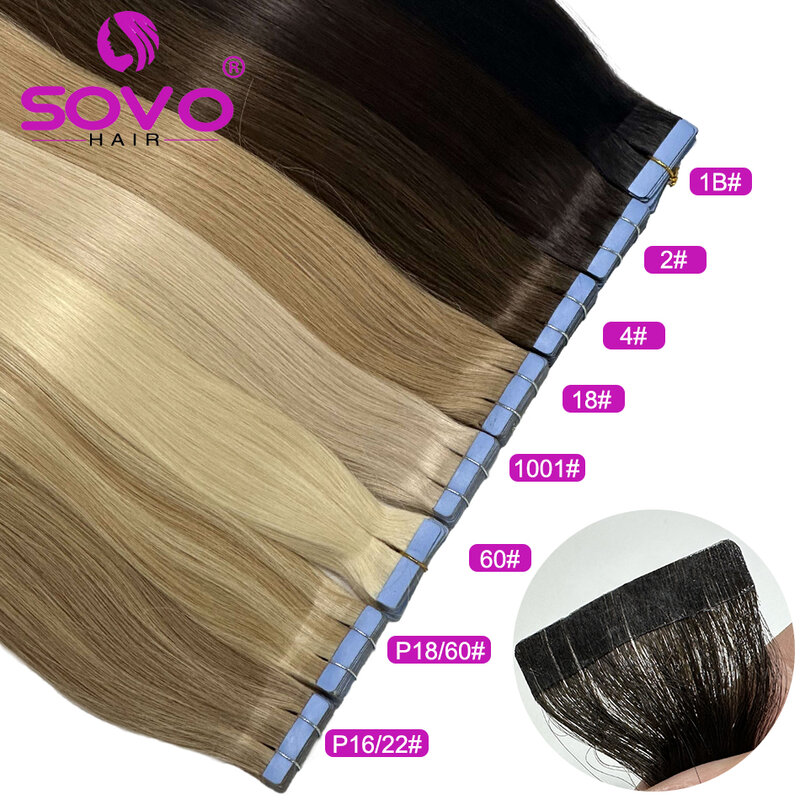 SOVO-Fita reta europeia em extensões de cabelo, 100% cabelo humano, cabelo natural real, trama da pele, adesivos, extensão do cabelo Remy