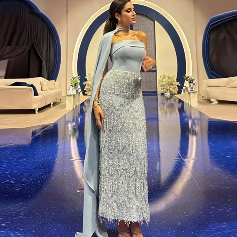 Vestido de novia de satén con cuentas de lentejuelas azules polvoriento para mujer, vestido de noche de Gala, vestido de novia de tul largo hasta el té, 2024