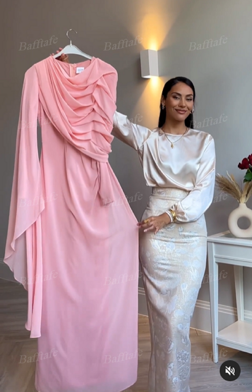 Bafftafe Pink Chiffon Arabic Dubai Women Party Dresses Long Sleeves Pleated Sheath Floor Length Formal Prom Dress Evening Gowns