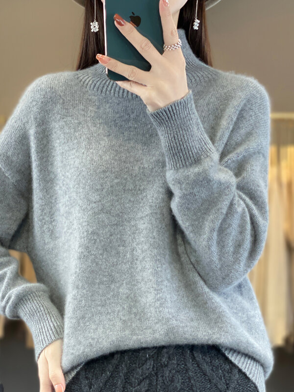 Hot Sale Women's Sweater 100% Merino Wool Autumn Winter Thickened Mock-neck Warm Pullover Female Loose Large Size Knitted Jumper