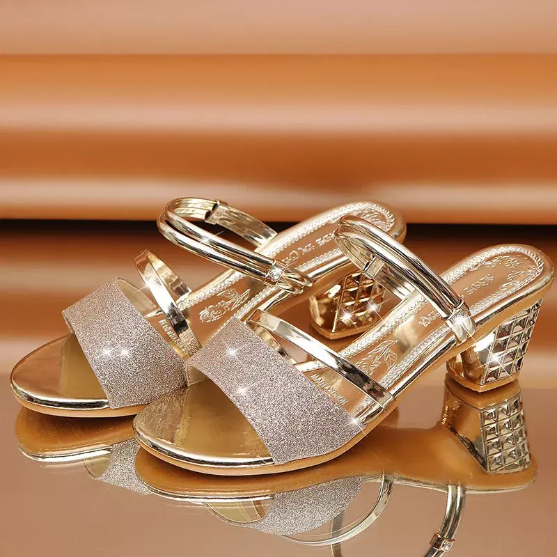 New Fashion Gold Women Shoes Slippers Sliver Summer High Heels Low Block Square Middle Heel Shoe Fashion Female Sandals
