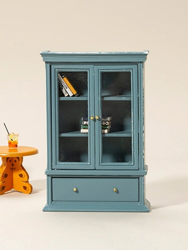 1:12 Rumah Boneka Miniatur Kabinet Rak Buku Kabut Biru Pintu Ganda Kabinet Model Display Lemari Furnitur Ornamen Dekorasi Mainan