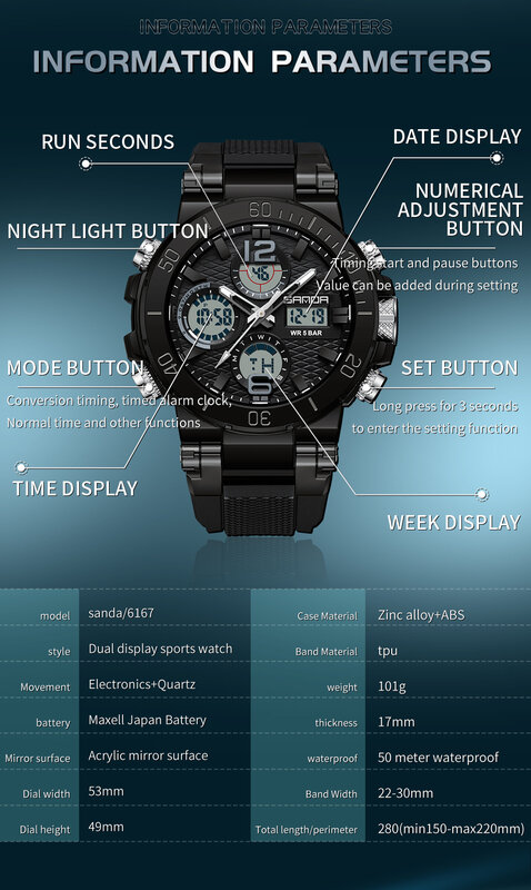 Sanda-relógio digital multifuncional para homens, relógio de pulso impermeável, despertador multifuncional, tela dupla, luz noturna, 6167, novo, 2024