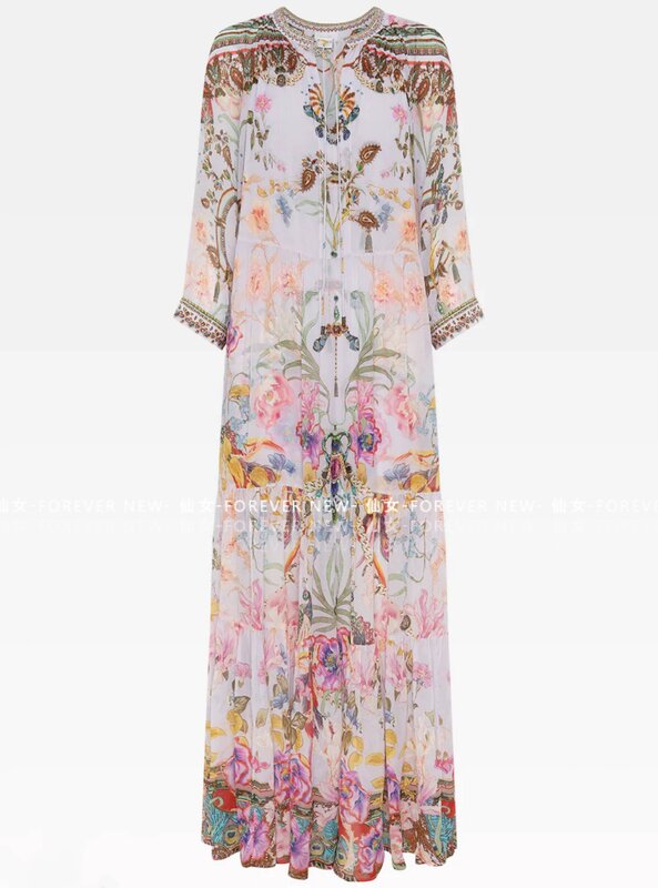 Women 100% Silk Flower Printed O-Neck Lace-up High Waist Holiday Long Dress