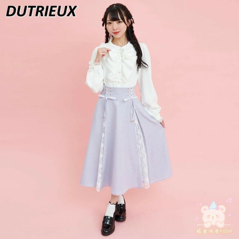 Falda larga de cintura alta con costuras de encaje para niñas, estilo japonés SC, primavera 2024