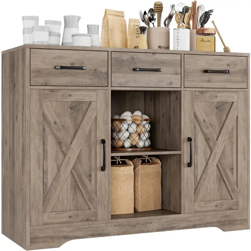 Modern Farmhouse Buffet Storage Cabinet, Barn Doors Wood Sideboard with Drawers and Shelves for Coffee Bar, Kitchen, Dining Room