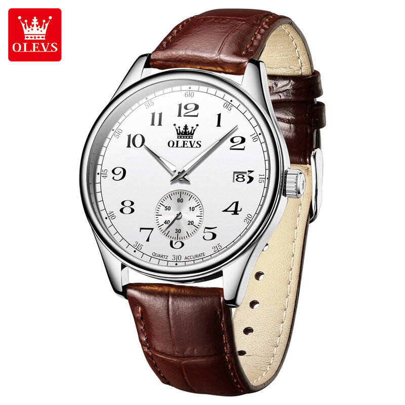 OLEVS jam tangan kuarsa kalender untuk pria, arloji tali kulit tahan air desain bekas kecil modis untuk pria
