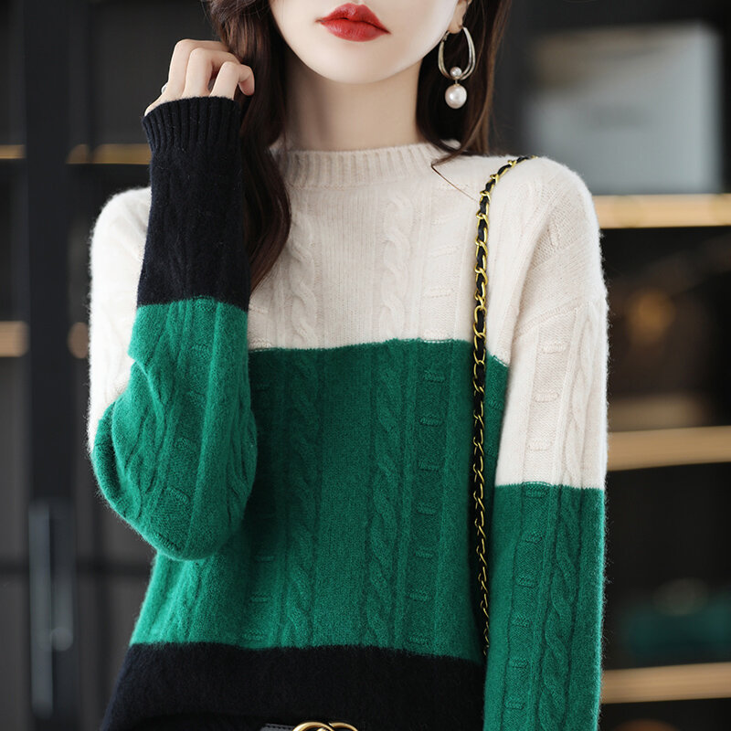 Jesienno-zimowa nowy 100% czysty sweter z wełny damski pulower z okrągłym dekoltem luźny, dzianinowy dopasowane kolory długa koszula w stylu zagranicznym