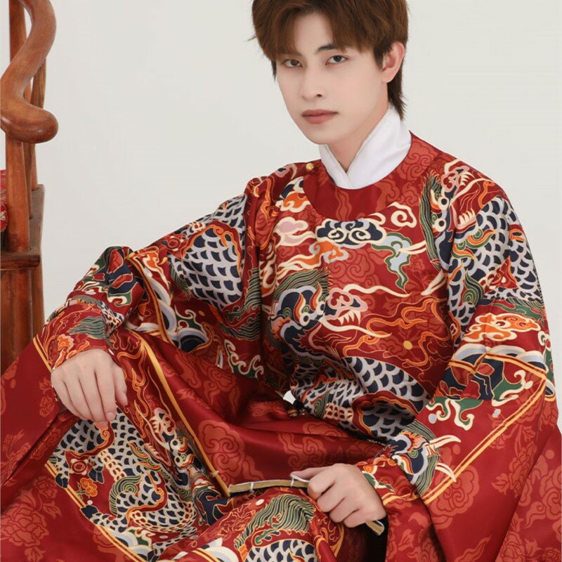 Hanfu แจ็กเก็ตยาวคอตั้งทำจากผ้าทอสีทองสำหรับคู่รักของผู้ชายและผู้หญิง