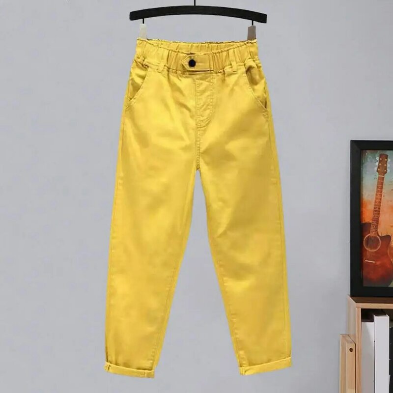 Women Casual Pants Mid-rise Elastic Waist Harem Trousers Solid Color Wide Leg Long Pants With Pockets Streetwear