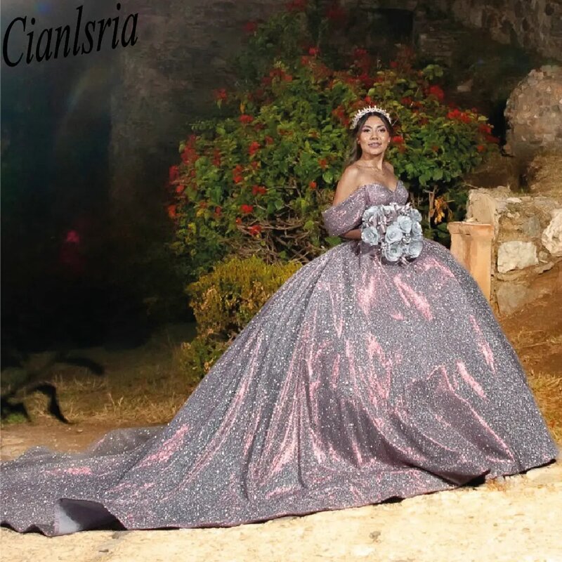 Glitter Sequined Crystal Quinceanera Dress Ball Gown Off The Shoulder Pleat Corset Vestidos De XV Años
