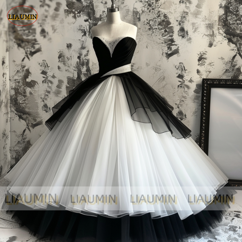White Black Tulle Sweetheart Evening Prom Dress Ball Gown Full Length Wedding Formal Occasion Party Lace Up Hand Made A1-12.6