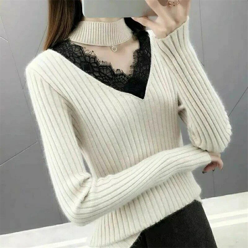 Sweater rajut leher V wanita, pakaian atasan kasual lengan panjang musim gugur musim dingin