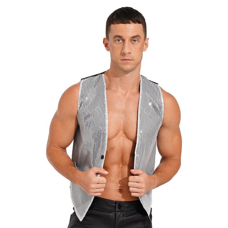 Mens Womens Jazz Dance Party Waistcoat Glittery Sequin Sleeveless Tank Vest Tops Stage Performance Music Festival Club Costume