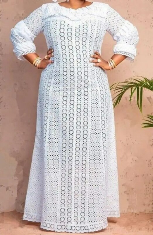 Vestidos africanos elegantes para mulheres, branco Hollow Out, moda muçulmana, Abayas Dashiki Robe, Kaftan longo, vestido maxi, M-5XL, 2023