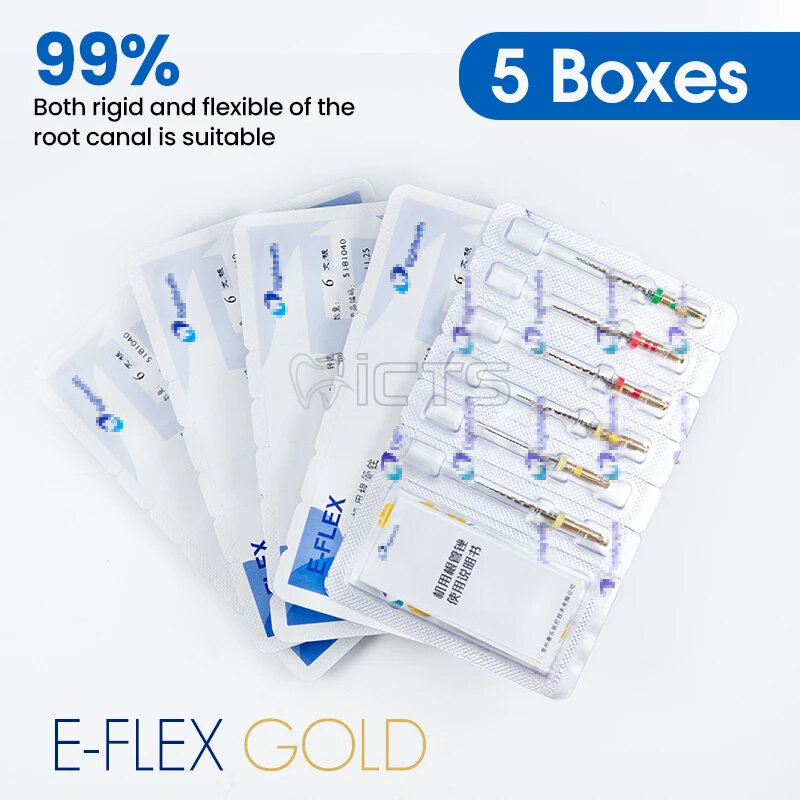 E-FLEX GOLD: Juego de 5 limas NiTi de paso variable, ideales para la preparación de canales radiculares curvos, con piezas de dos colores que facilitan la visualización de la dirección y ángulo de rotación, tecnología
