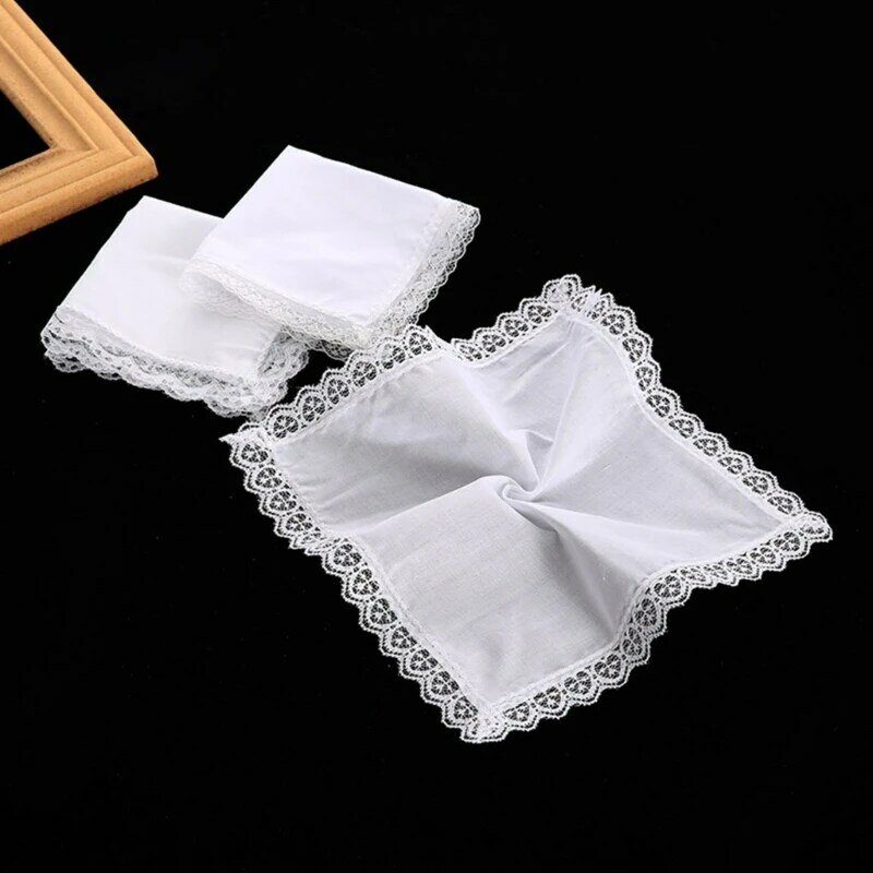 F42F 23x25cm Men Women Cotton Handkerchiefs Solid White Hankies Pocket Lace Trim Towel Diy Painting Handkerchiefs for Woman