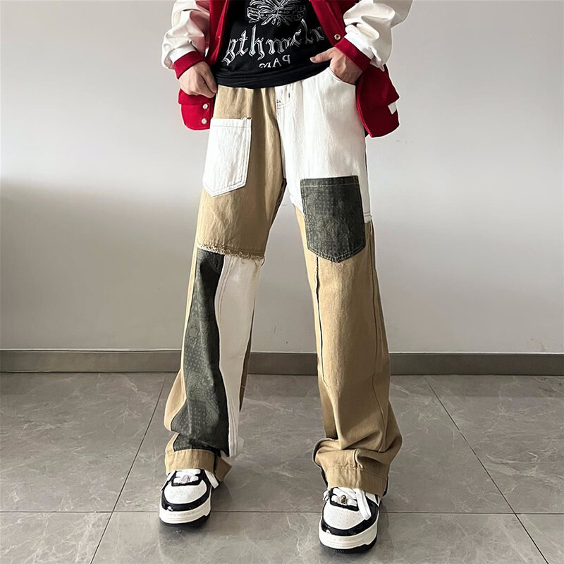 Hip-Hop High Street กางเกงขาทรงกระบอกชายอเมริกันแฟชั่น Splicing Contrast สีกางเกงขากว้างออกแบบกีฬาสบายๆกางเกง