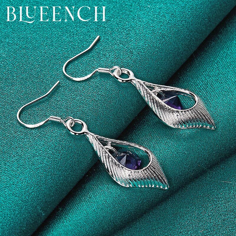 Blueench 925 Perak Murni Ungu Zirkon Anting Menjuntai Liontin Cocok untuk Wanita Pesta Pernikahan Mode Pesona Perhiasan