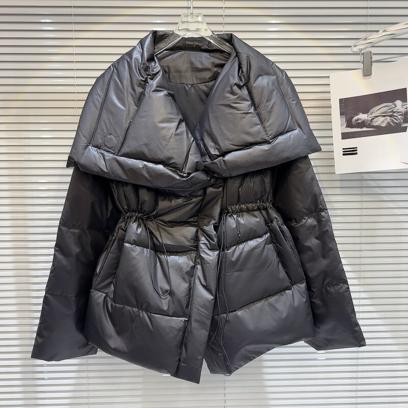 Moda tinta unita grande risvolto coulisse vita manica lunga caldo piumino cappotto femminile 2023 vestiti invernali donna